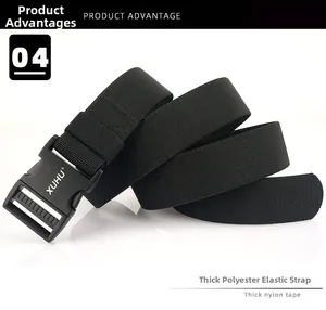 Macro view of thick elastic polyester strap and matte black buckle on tactical belt