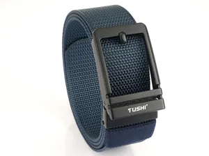 Detailed view of navy elastic woven belt with matte black buckle and TUSHI logo