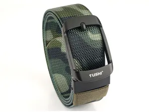 Close-up of camouflage canvas belt with black matte metal buckle and TUSHI logo