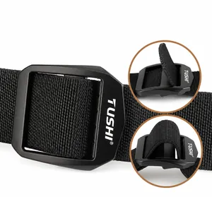 Detail of black tactical nylon belt with Tushi metal buckle and adjustable pin system