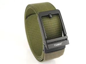 Close-up of military green tactical nylon belt with matte black metallic buckle and logo