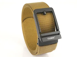 Close-up of khaki nylon webbing belt featuring a black matte metal buckle with TUSHI logo