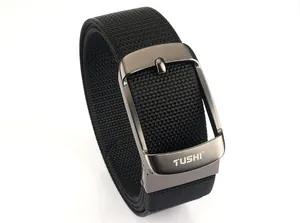 Detail shot of black woven nylon belt with textured grey metal pin buckle and logo