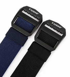 Detail of 3.8CM elastic tactical nylon belt with matte metal buckle and Tushi logo