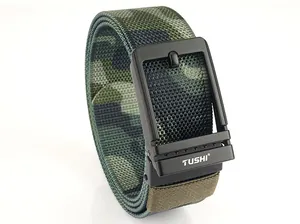 Detail of camouflaged nylon tactical belt with matte black buckle and brand logo