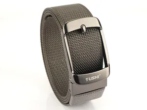 Close-up of military green nylon belt with deep grey metal buckle and TUSHI engraving