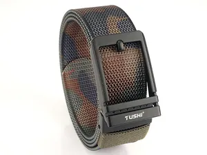 Close-up of tactical nylon belt with camo pattern and matte black automatic buckle