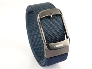 Detailed close-up of navy blue elastic woven belt with polished gunmetal buckle and logo