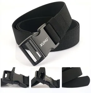 Detail of black tactical nylon elastic belt featuring a curved alloy quick-release buckle