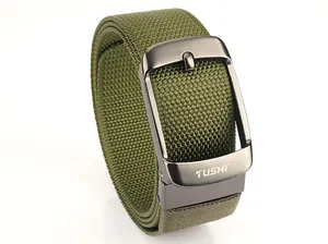 Detailed close-up of army green nylon belt strap and brushed metal buckle with logo