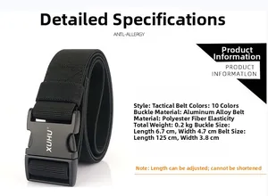 Detail of tactical nylon belt with dimensions 125x3.8cm and aluminum buckle size 6.7x4.7cm