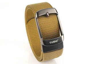 Close-up of khaki nylon woven belt featuring a gunmetal TUSHI brand buckle detail
