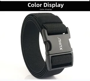 Detail shot of a black tactical elastic nylon belt with an alloy buckle and white logo