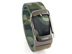 Close-up of camouflage nylon webbing and matte metal buckle on sport belt