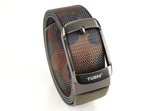 Close-up of durable camo nylon belt with matte grey alloy buckle and TUSHI logo