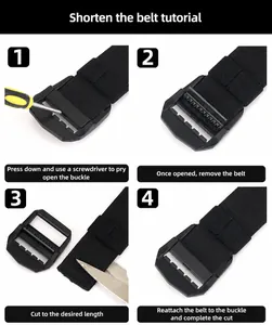 Detailed guide showing steps to cut and adjust the black tactical nylon woven belt length
