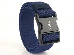 Close-up of quick-release alloy buckle on navy blue elastic woven tactical nylon belt