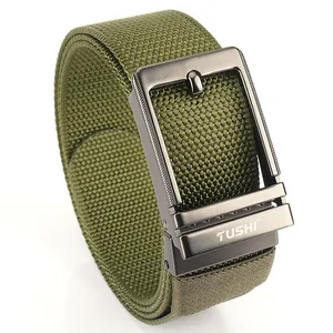 Army green woven stretch belt for men with a metallic automatic buckle and rugged texture