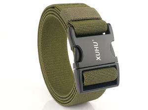 Detailed macro of olive green tactical nylon belt with durable quick release buckle