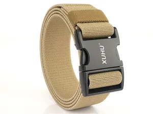 Detail of khaki tactical nylon belt showing XUHU brand quick release buckle and weave