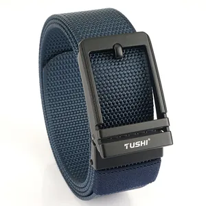 Men's navy blue woven nylon sports belt with matte black TUSHI buckle on white background
