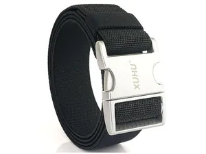 Detail of matte silver metal quick-release buckle on a black nylon tactical belt