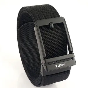 Black nylon woven outdoor sports belt with matte black metal buckle and TUSHI logo