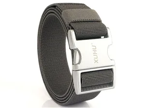 Detail of military tactical elastic belt showing heavy-duty alloy buckle and woven texture