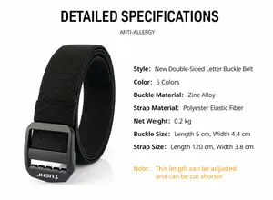 Detailed view of black elastic nylon belt with zinc alloy buckle and size specifications