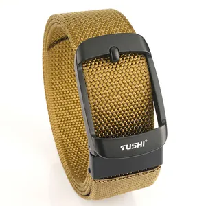 Men's khaki nylon tactical belt with matte black buckle and durable woven texture
