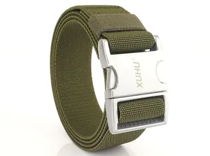 Macro detail of army green tactical elastic belt featuring a silver quick release metal buckle