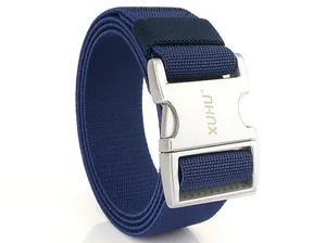 Close-up of matte silver aluminum buckle and navy nylon braided tactical belt