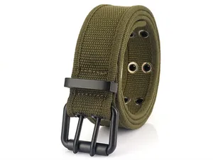 Ceinture tactique en toile vert armée avec boucle à double ardillon noir mat et œillets