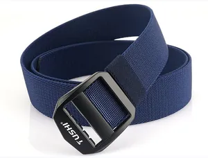 Close-up of navy nylon elastic woven tactical belt with matte black metal buckle