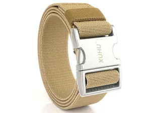 Detail of khaki elastic tactical belt showing the alloy buckle and woven texture