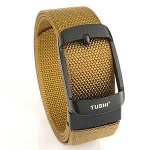 Nylon tactical outdoor belt for men with matte black pin buckle on white background