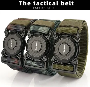 Detail view of nylon tactical belts in camo and olive with quick-release buckles