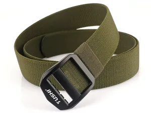 Close-up of military green tactical nylon belt featuring a black matte buckle with TUSHI logo