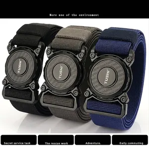 Three tactical nylon belts with quick-release metal buckles shown in black, grey, and navy