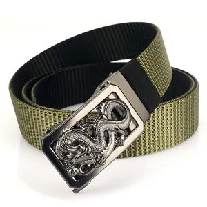 Ceinture nylon vert armée avec boucle rotative en alliage de zinc et motif dragon