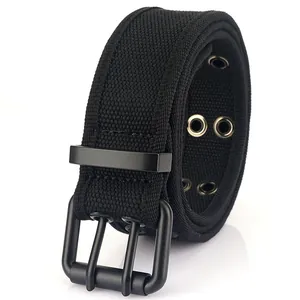 Ceinture décontractée en toile noire avec boucle à double ardillon noir mat et œillets