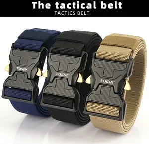 Detailed display of heavy-duty nylon tactical belts in navy blue, black, and khaki colors