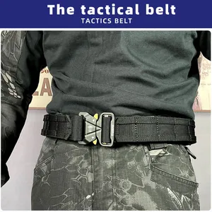 Close-up of quick-release metal buckle on a heavy-duty nylon tactical belt with MOLLE