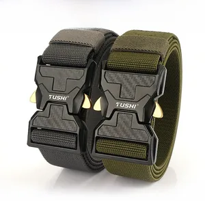 Close-up of tactical nylon belts with quick-release alloy buckles in grey and olive green