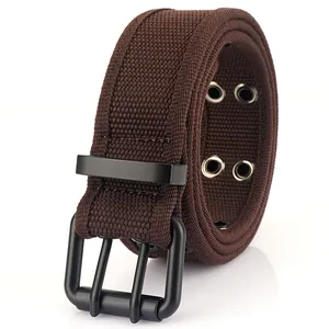 Ceinture décontractée en toile marron tressée avec boucle à double ardillon noir