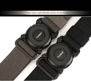 Detail view of heavy-duty nylon tactical belts in black and grey with quick-release buckles