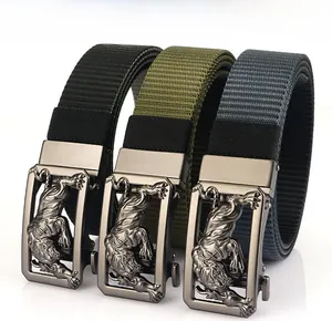Detailed view of alloy automatic buckles with animal relief on nylon tactical belts