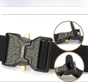 Detail of quick-release alloy buckle with carbon fiber texture on nylon tactical belt