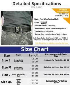 Size guide for tactical Ronin belt featuring alloy buckle and nylon material dimensions