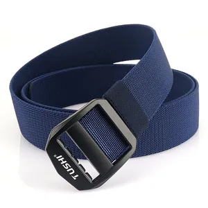 Men's navy nylon braided belt with black matte double ring buckle for outdoor use
